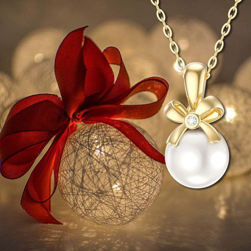 18K White Gold Round Cut Pearl Bow Pendant Necklace-4