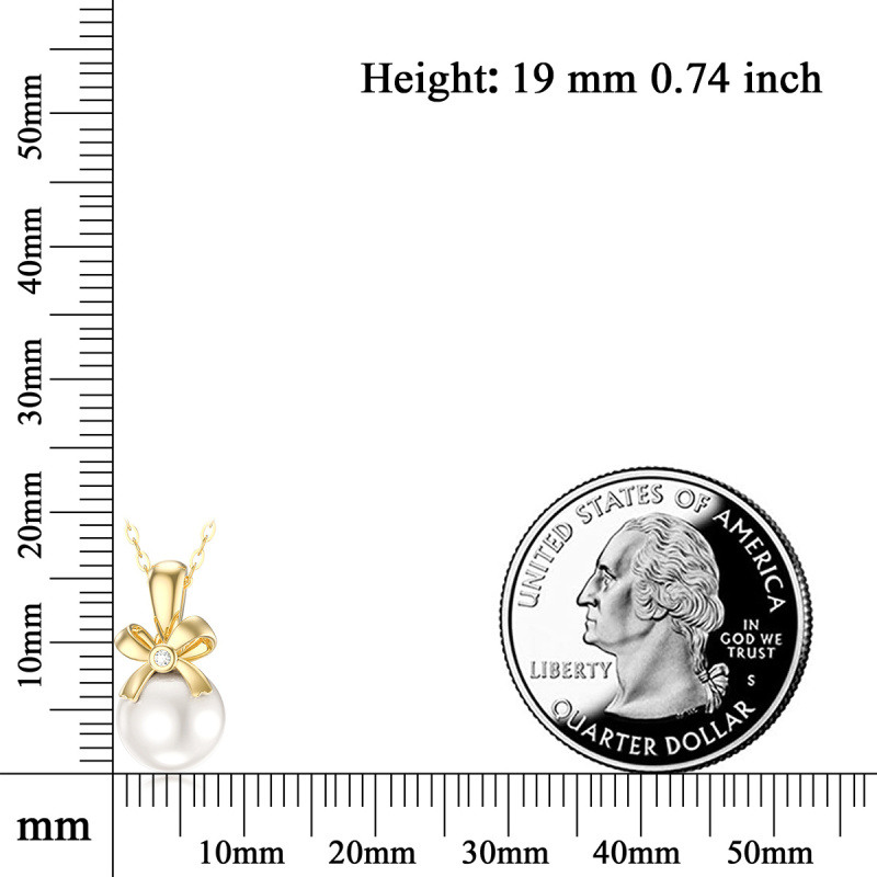 18K White Gold Round Cut Pearl Bow Pendant Necklace-5