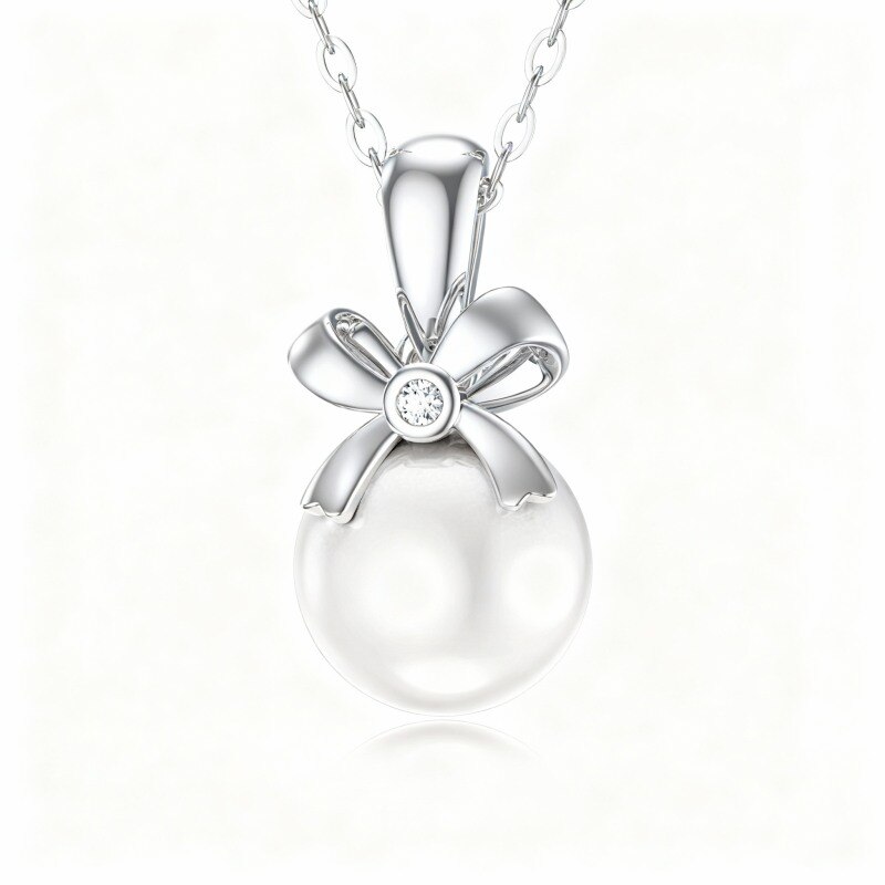 18K White Gold Round Cut Pearl Bow Pendant Necklace-1