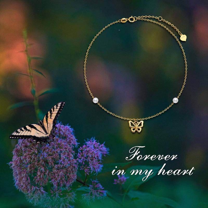 Armband aus 14-karätigem Gold mit kreisförmigem Perlen-Schmetterlingsanhänger-3