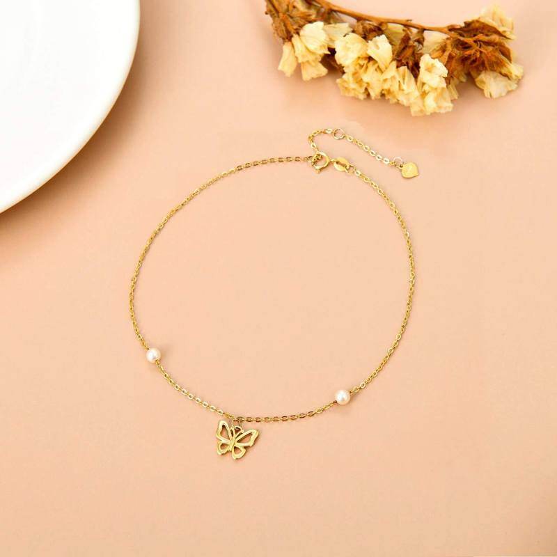Armband aus 14-karätigem Gold mit kreisförmigem Perlen-Schmetterlingsanhänger-5