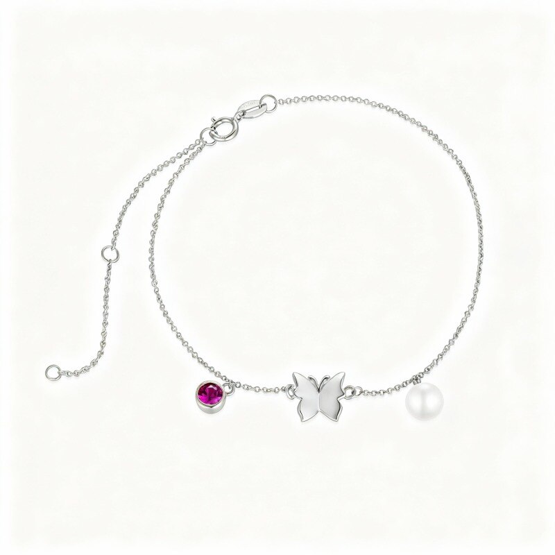 Pulsera de platino con dije de mariposa y perla de corte redondo chapada en oro blanco-1