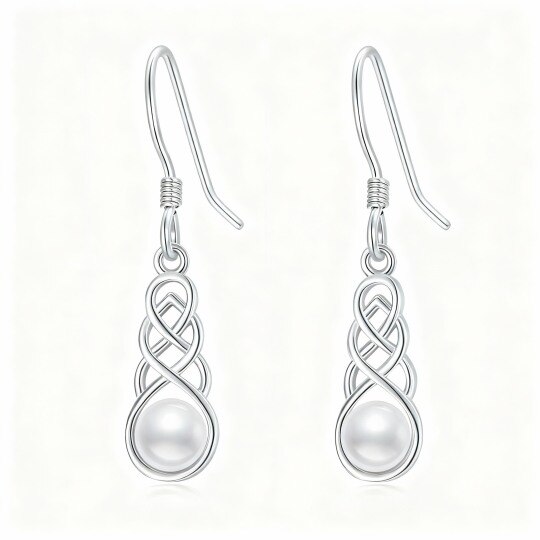 Boucles d'oreilles pendantes en or blanc 10 carats, perles rondes et nœud celtique