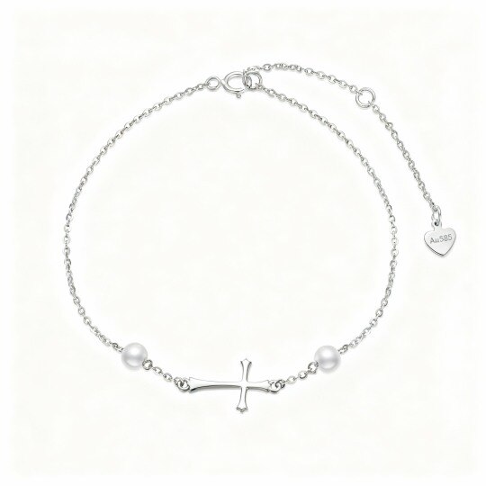 Pulsera con dije de cruz de perla redonda de oro blanco de 10 quilates