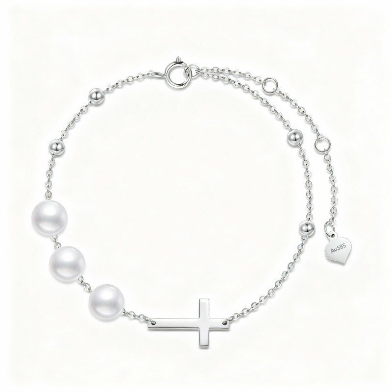 Bracelet en or blanc 14 carats avec pendentif croix et perle ronde-1