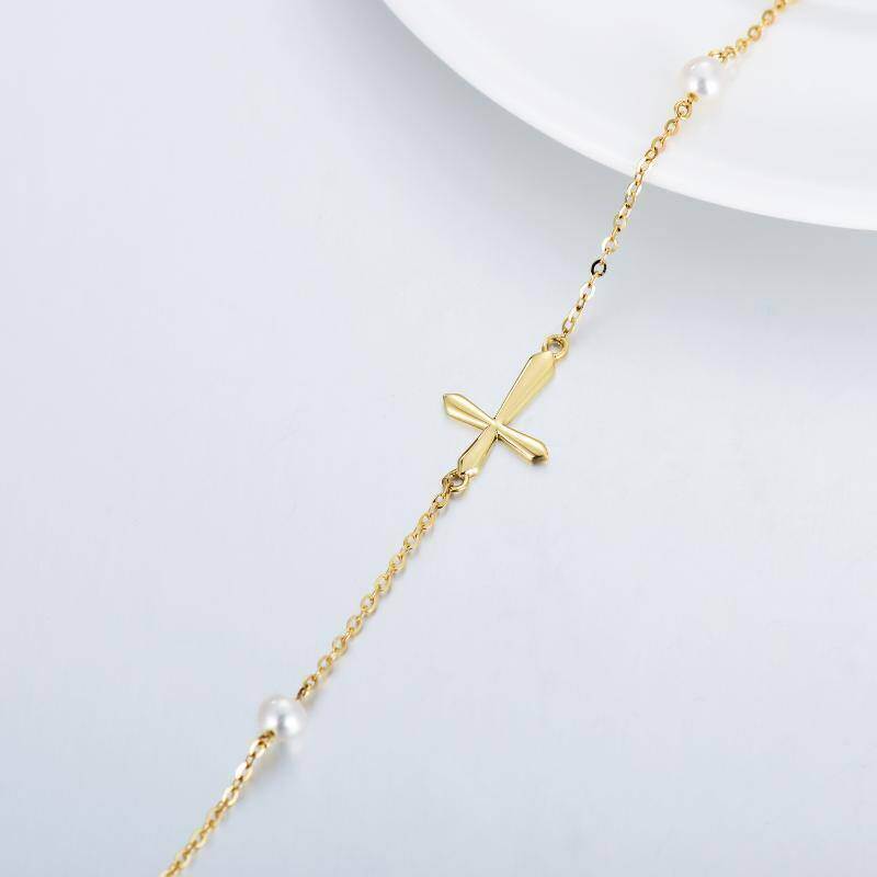 10K Gold Circular Shaped Pearl Cross Charm Bracelet-3