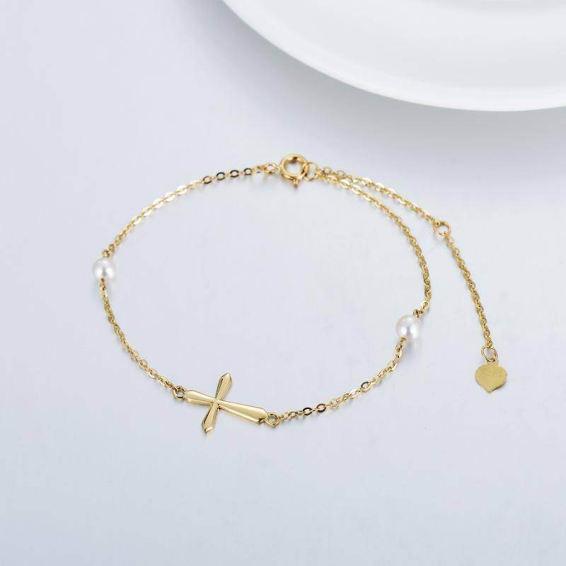 10K Gold Circular Shaped Pearl Cross Charm Bracelet-4