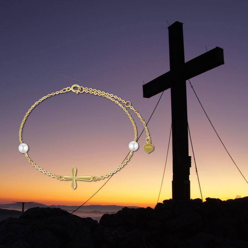 10K Gold Circular Shaped Pearl Cross Charm Bracelet-6
