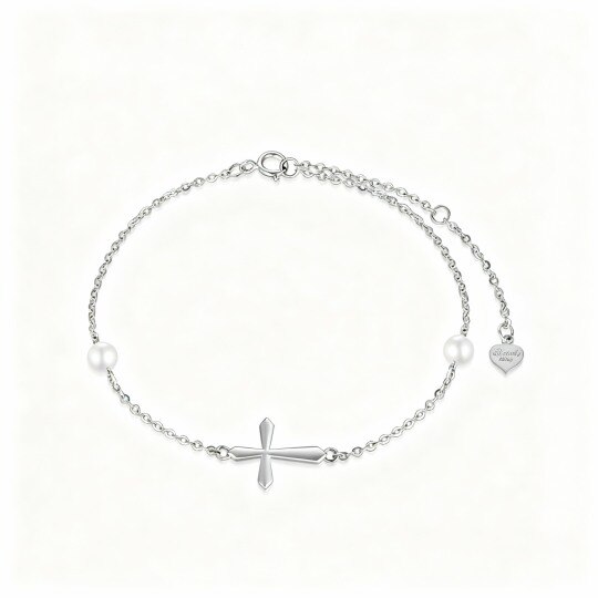 Pulsera con dije de cruz de perla redonda de oro blanco de 10 quilates