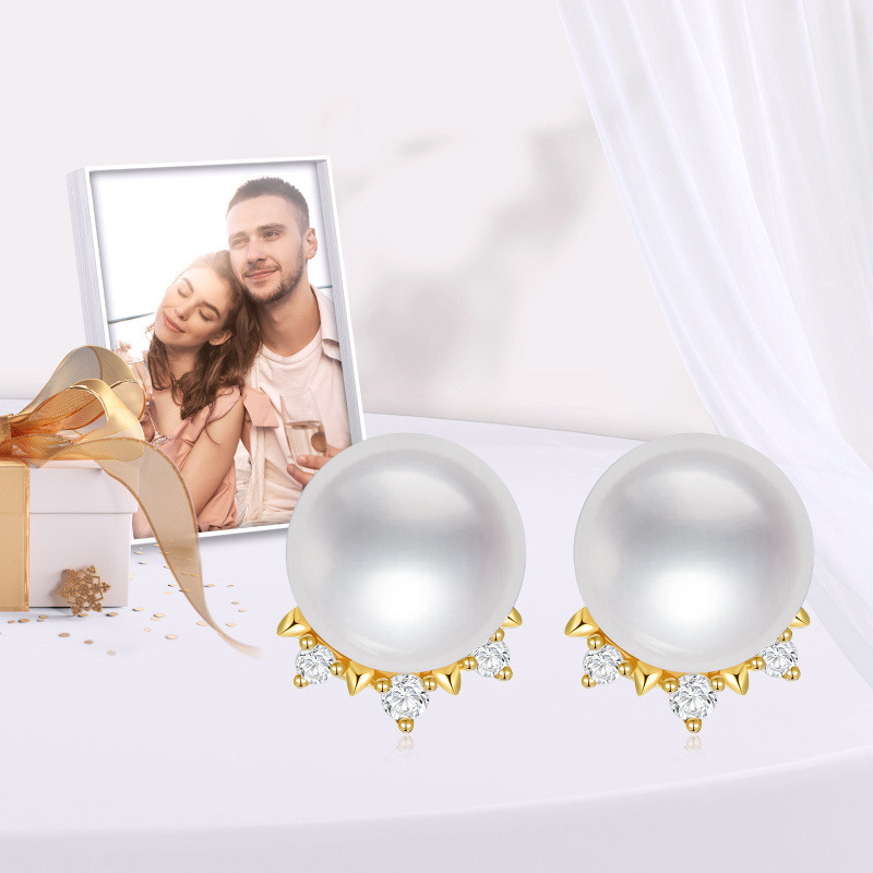 10K Gold Diamond & Pearl Crown Stud Earrings-5