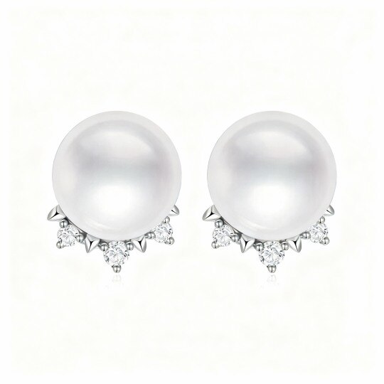 10K White Gold Round Cut Pearl Crown Stud Earrings