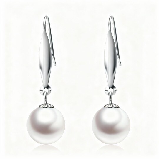 14K White Gold Round Cut Pearl Drop Earrings
