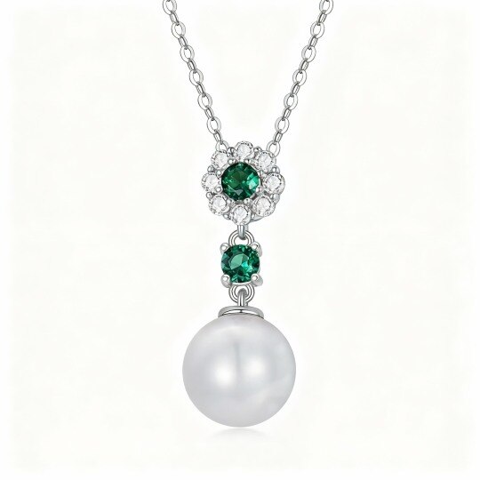10K White Gold Round Cut Pearl & Emerald Round Pendant Necklace