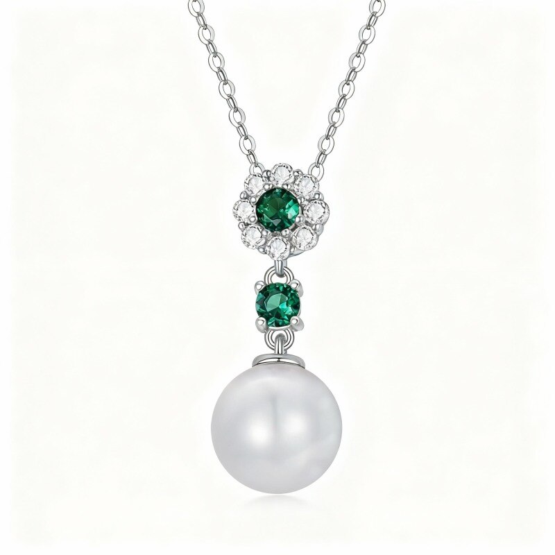 10K White Gold Round Cut Pearl & Emerald Round Pendant Necklace-1