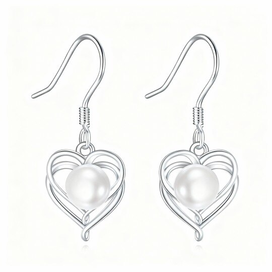 Boucles d'oreilles pendantes en or blanc 10 carats avec perles rondes en forme de cœur
