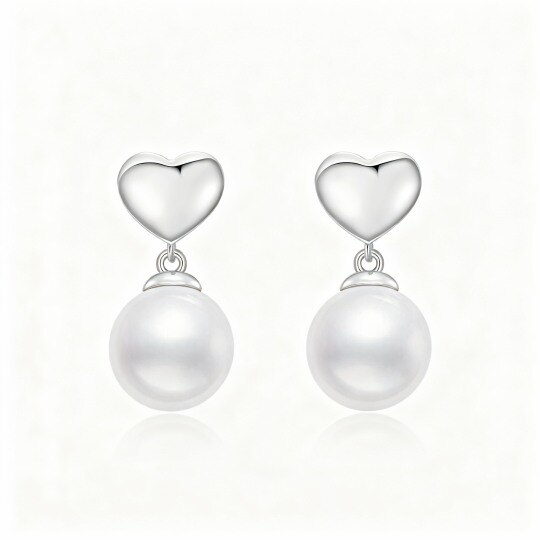 Boucles d'oreilles pendantes en or blanc 10 carats avec perles rondes en forme de cœur