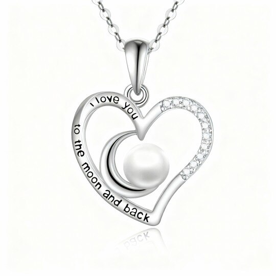 10K White Gold Round Cut Pearl Heart & Moon Pendant Necklace with Engraved Word