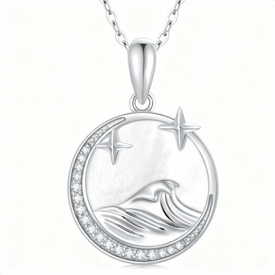 10K White Gold Round Cut Pearl Moon & Spray Pendant Necklace