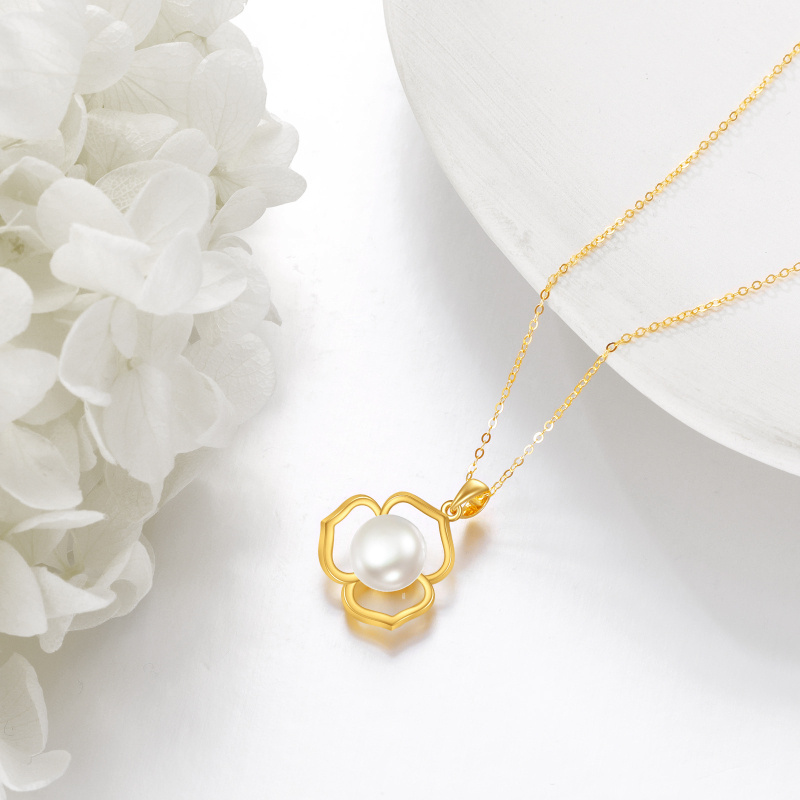 18K Gold 9MM Round Freshwater Pearl Flower Pendant Necklace-3