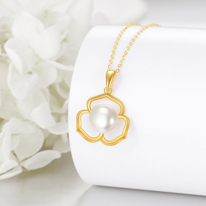 18K Gold 9MM Round Freshwater Pearl Flower Pendant Necklace-4