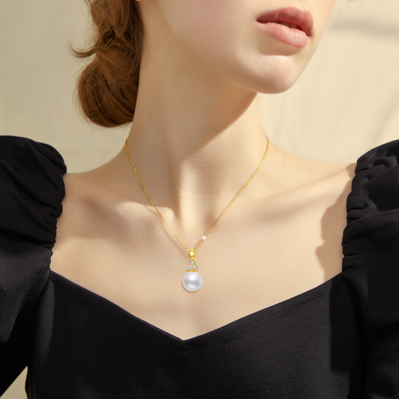 Collier pendentif rond en platine plaqué or blanc avec perle taille ronde-2