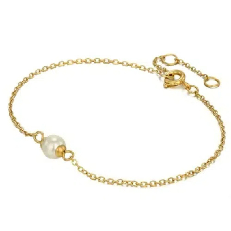 10K White Gold Round Cut Pearl Single Chain Anklet-2