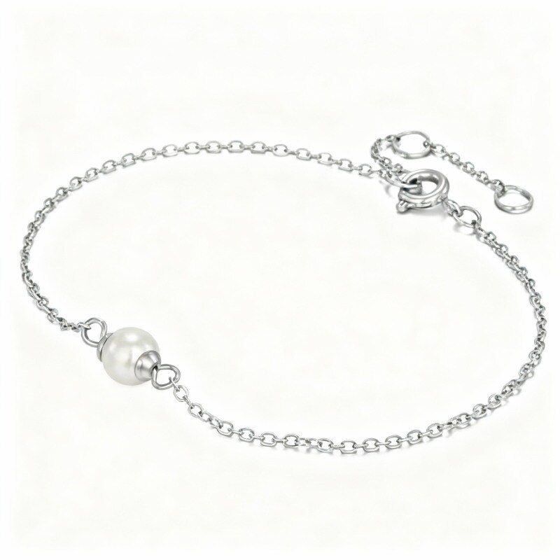 10K White Gold Round Cut Pearl Single Chain Anklet-1