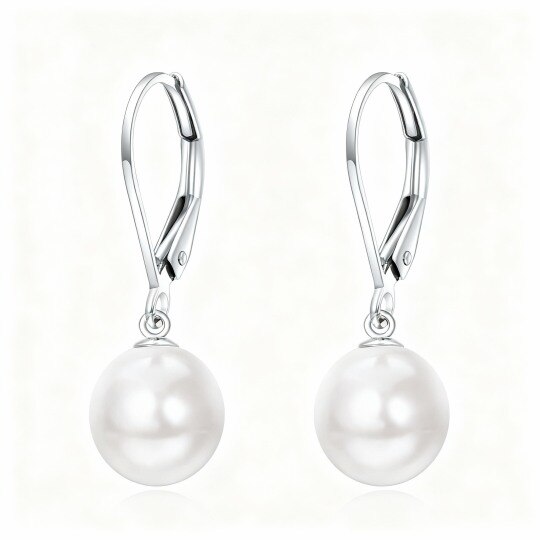 10K White Gold Round Cut Pearl Spherical Drop Earrings
