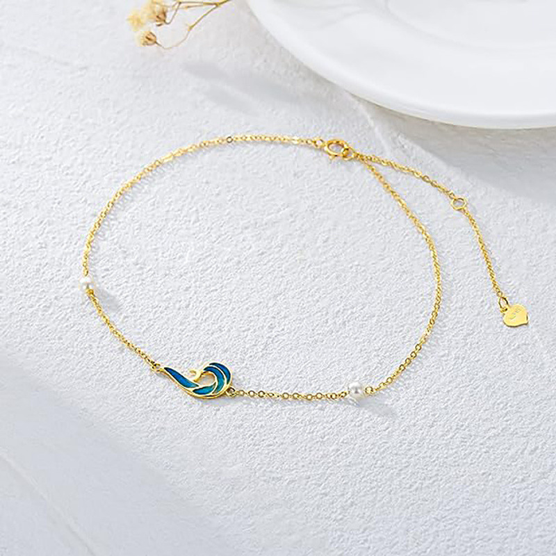 Bracelet de cheville à une seule rangée de perles rondes en or rose 14 carats-4