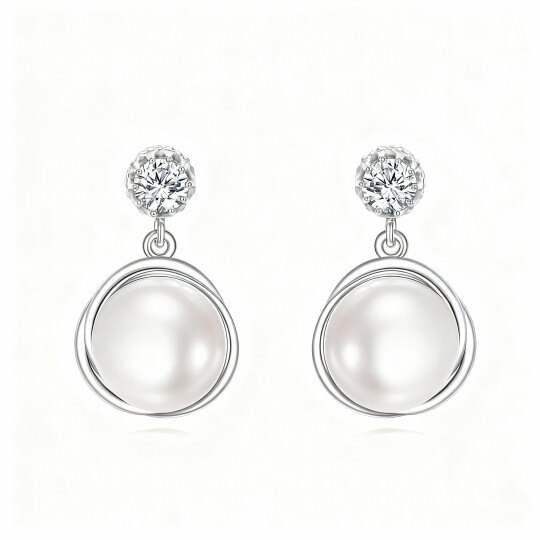 Boucles d'oreilles puces en or blanc 10 carats avec perles rondes taille brillant