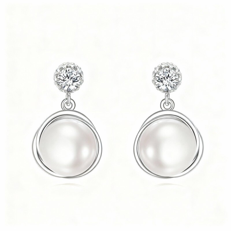Boucles d'oreilles puces en or blanc 18 carats avec perles rondes taille brillant-1