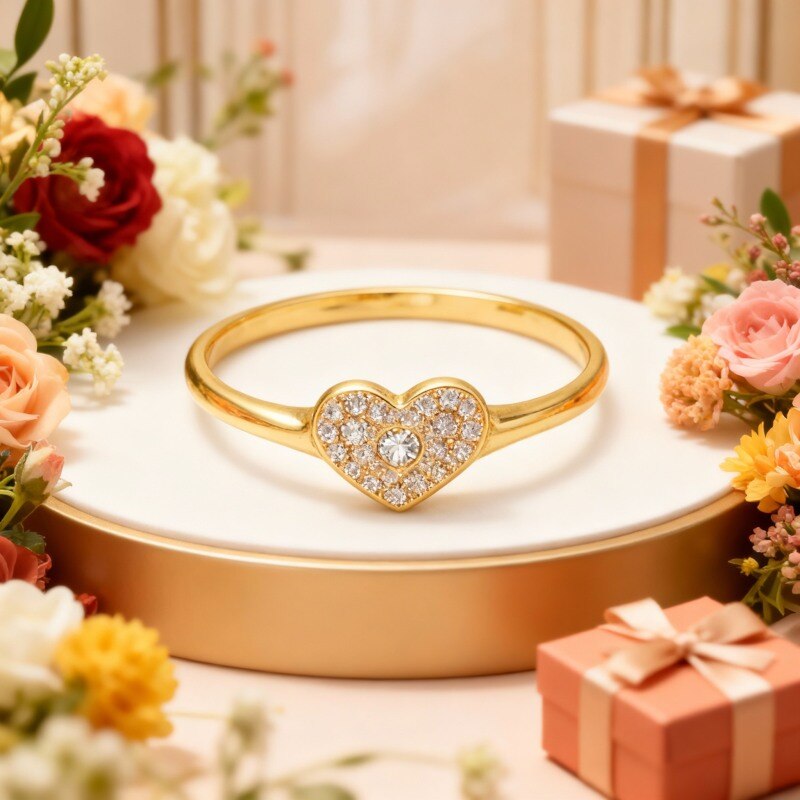 Anillo de oro blanco de 10 quilates con piedra natal personalizada de talla redonda, grabado personalizado y diseño de corazón.-3