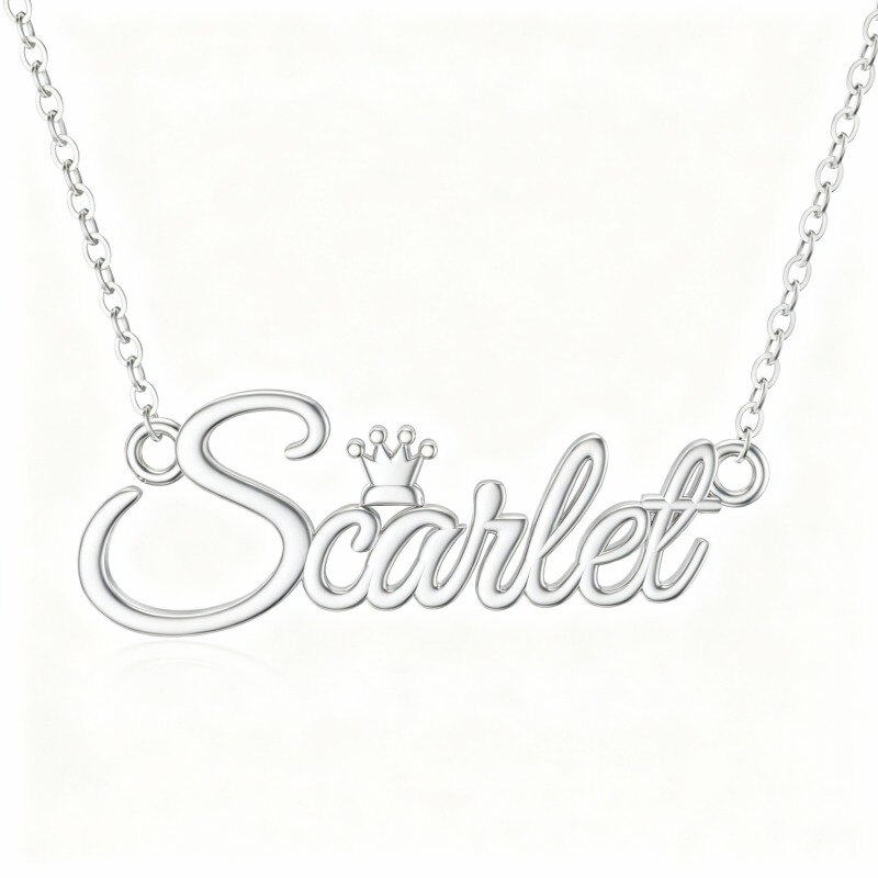 Collar con colgante clásico personalizado con nombre, corte redondo, oro blanco de 10 quilates-16