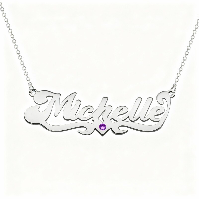 Collar con colgante clásico personalizado con nombre, corte redondo, oro blanco de 10 quilates-15