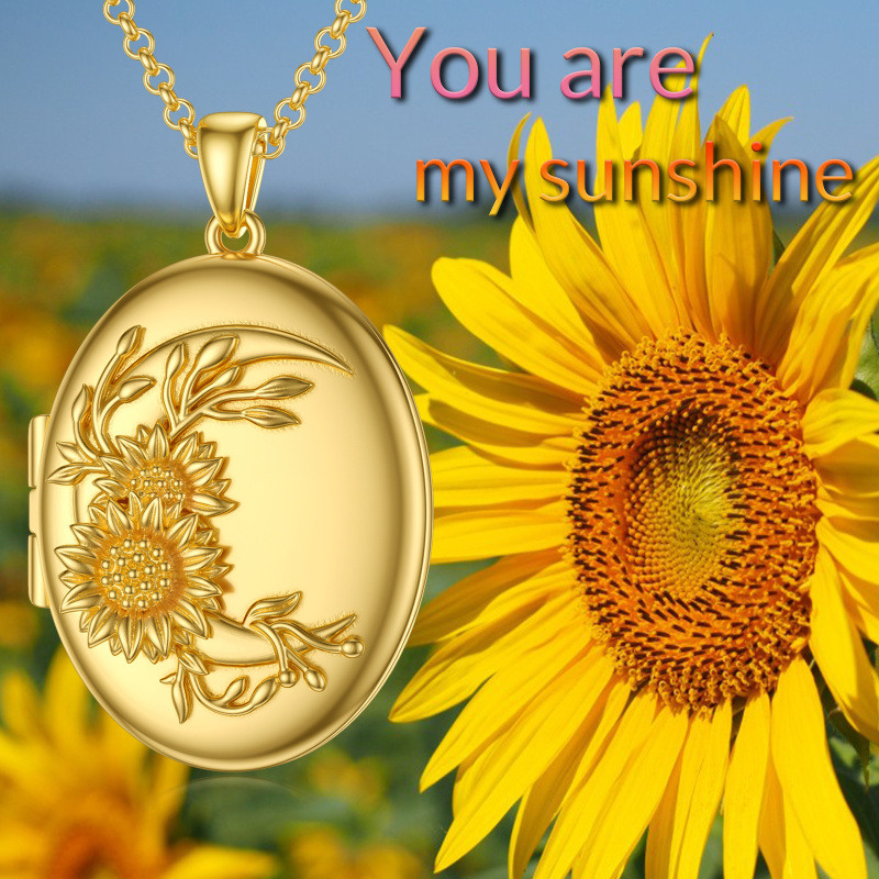 Collar con medallón redondo de oro de 18 quilates con girasol y foto grabada personalizada-9