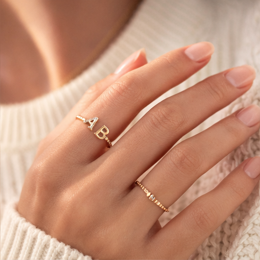 14K Gold Round Cut Personalized Initial Letter Initial Ring-2