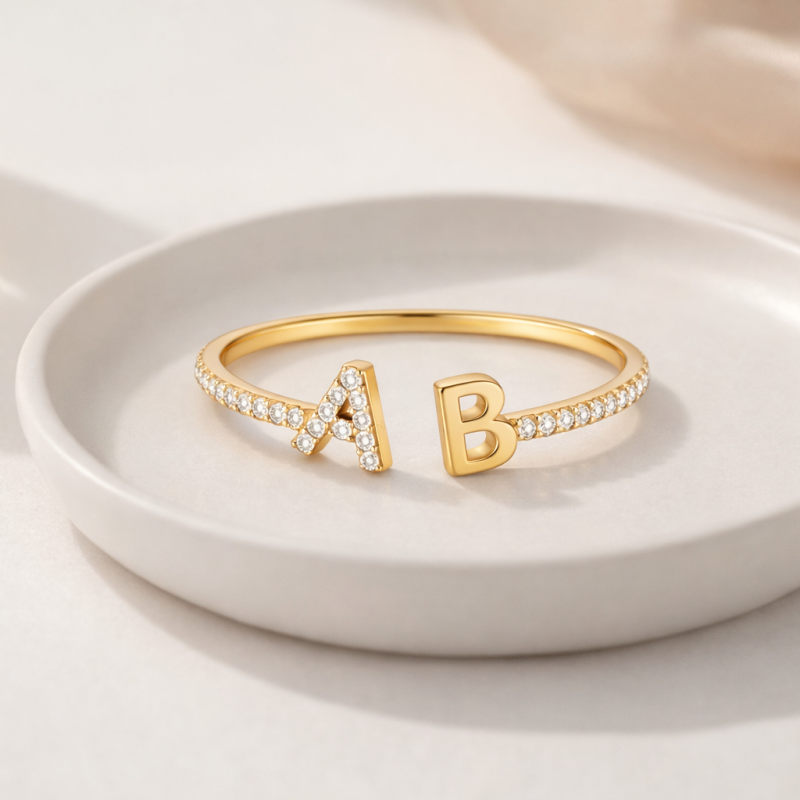 14K Gold Round Cut Personalized Initial Letter Initial Ring-3