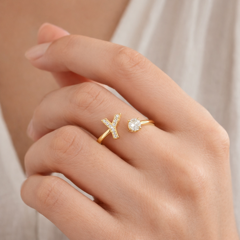 14K Rose Gold Round Cut & Princess Cut Personalized Initial Letter Initial Ring-2