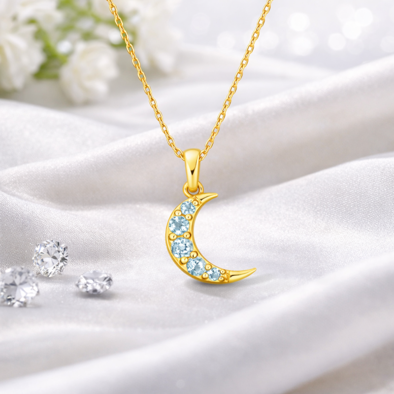 18K White Gold Round Cut Topaz Moon Pendant Necklace-3