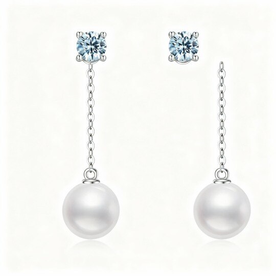 Boucles d'oreilles pendantes rondes en or blanc 10 carats, topaze taille ronde et perle