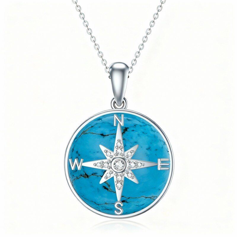 10K White Gold Round Cut Turquoise Compass Pendant Necklace-5