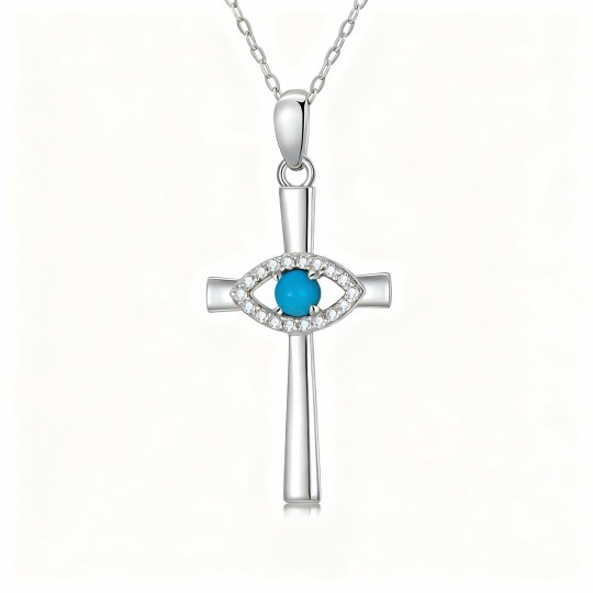 10K White Gold Round Cut Turquoise Cross & Evil Eye Pendant Necklace