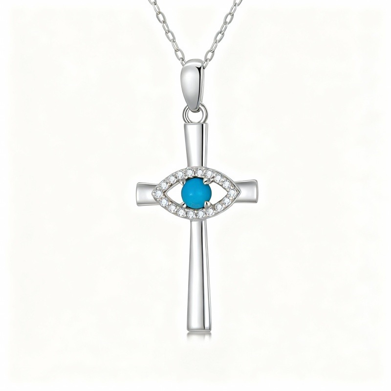 10K White Gold Round Cut Turquoise Cross & Evil Eye Pendant Necklace-19