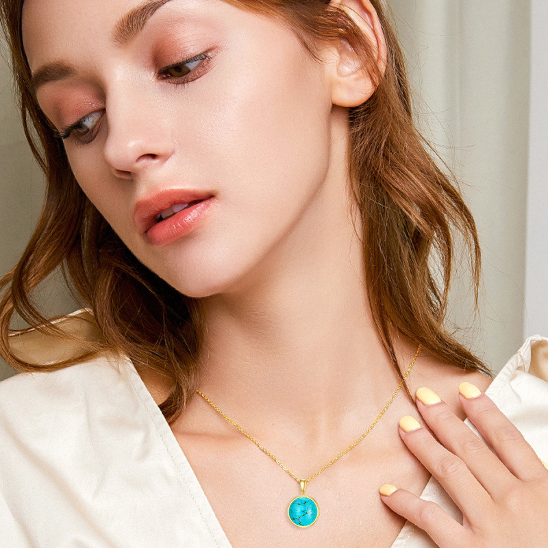 14K White Gold Round Cut Turquoise Pendant Necklace-2
