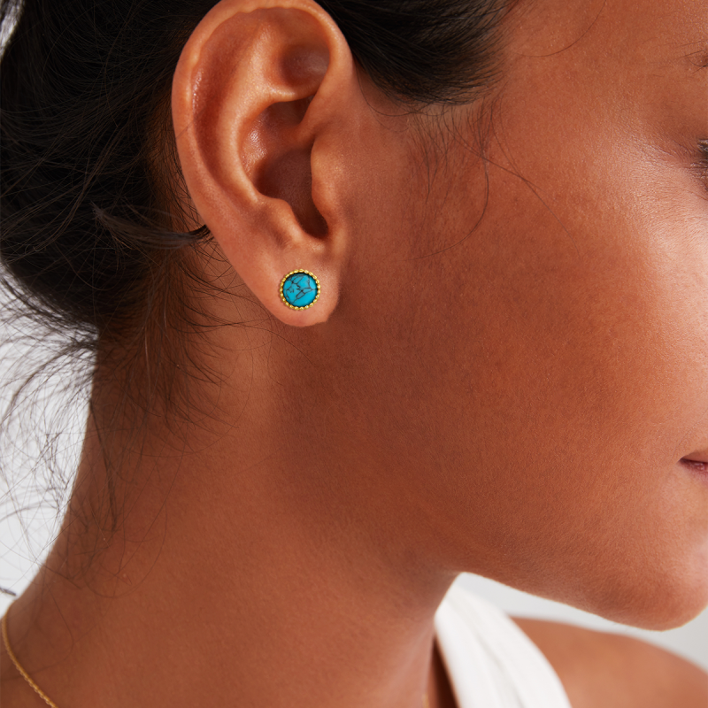 10K Rose Gold Round Cut Turquoise Round Stud Earrings-2
