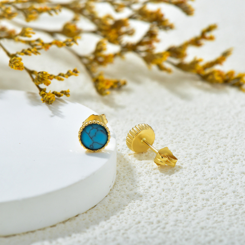 10K Rose Gold Round Cut Turquoise Round Stud Earrings-3