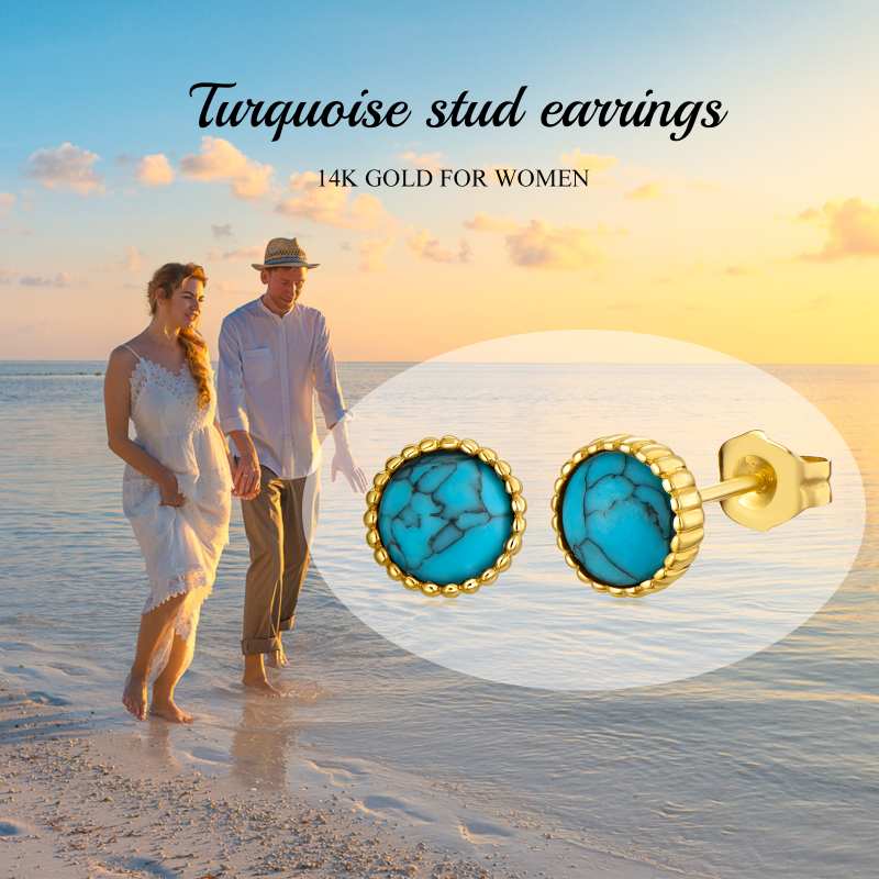 10K Rose Gold Round Cut Turquoise Round Stud Earrings-6