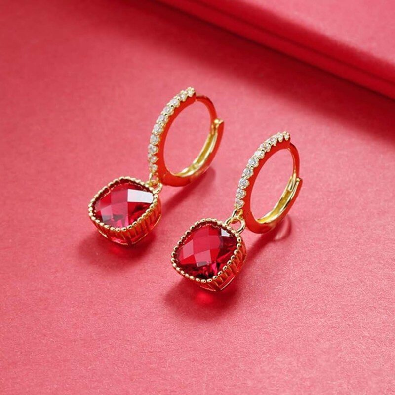 Pendientes colgantes de oro de 14 quilates con rubíes para pareja: abuela, madre y hermanas.-3