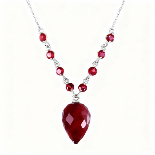10K White Gold Ruby Drop Shape Pendant Necklace