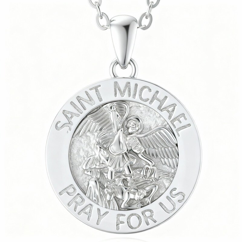 Halskette mit Anhänger des Heiligen Michael aus 10-karätigem Weißgold und eingraviertem Wort-15